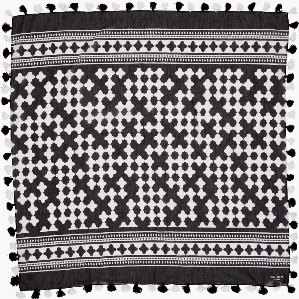 Kate Spade Cotton/Silk Black & White Tassel Scarf - Picture 2 of 4